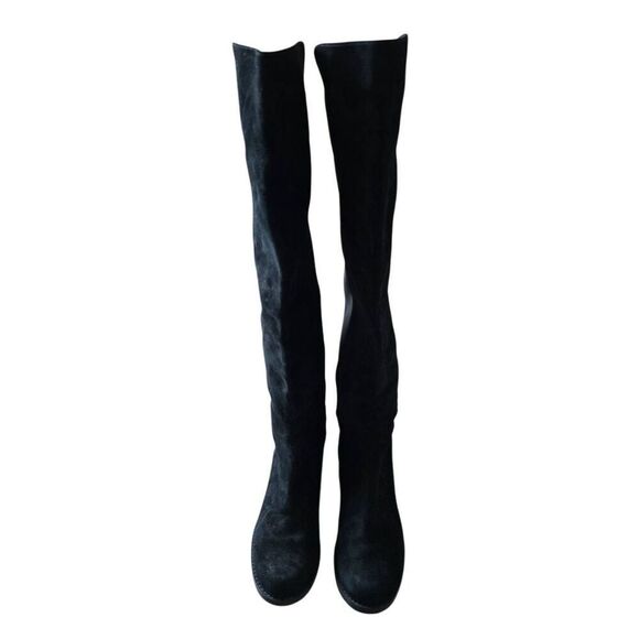 Stuart Weitzman Over The Knee Boots Size 4.5 Black Suede Block Heel - Picture 4 of 8